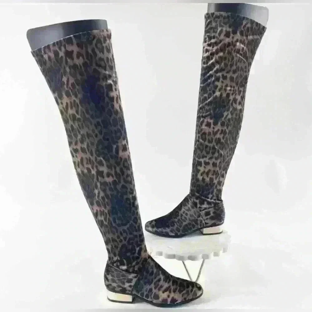 Size 7.5 NWT NIB Bamboo LEOPARD Print velvet Stardom OTK boot gold heel